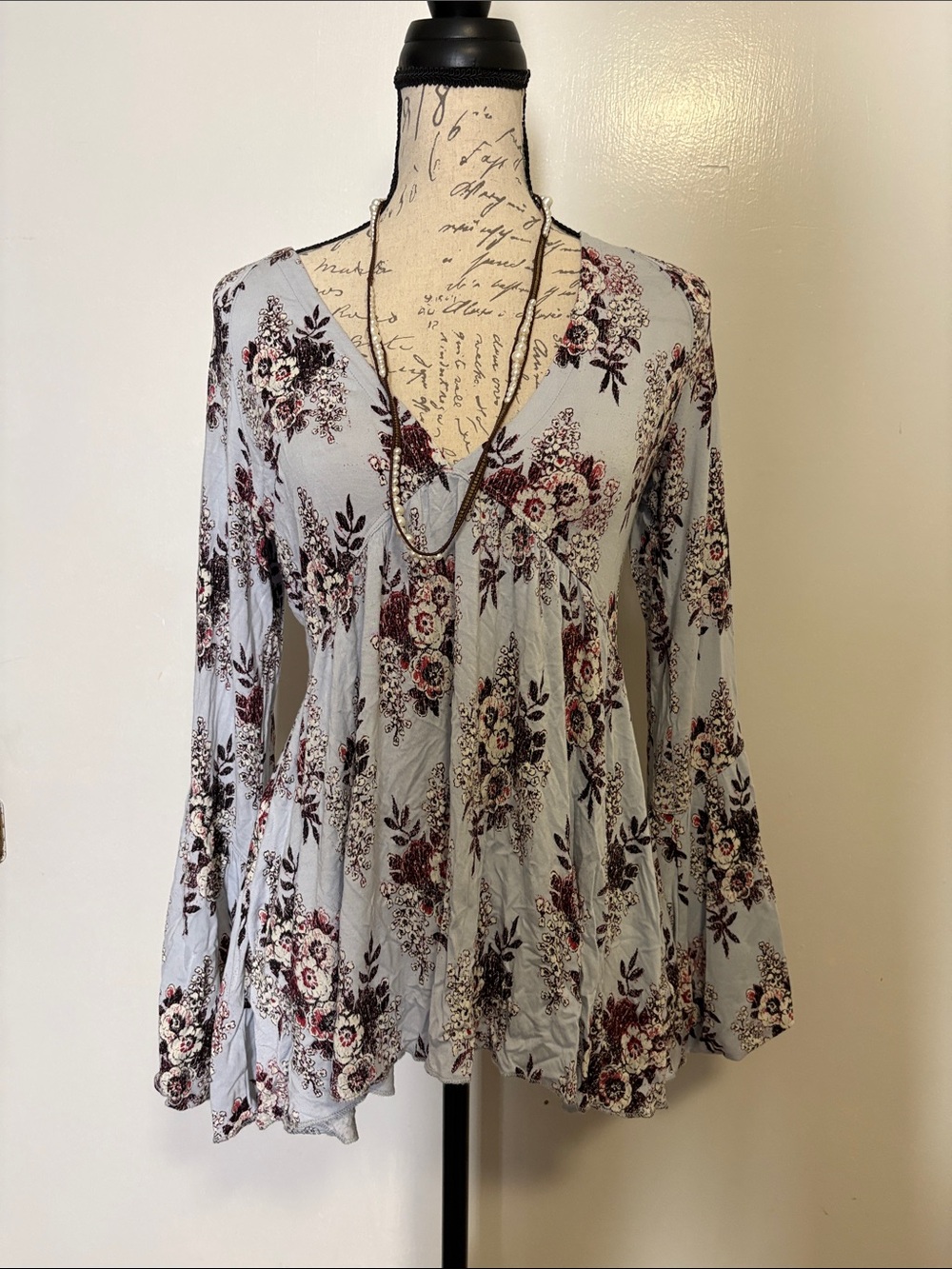 Free People *Floral V-Neck Long Bell Sleeve Women's Top - Light Blue